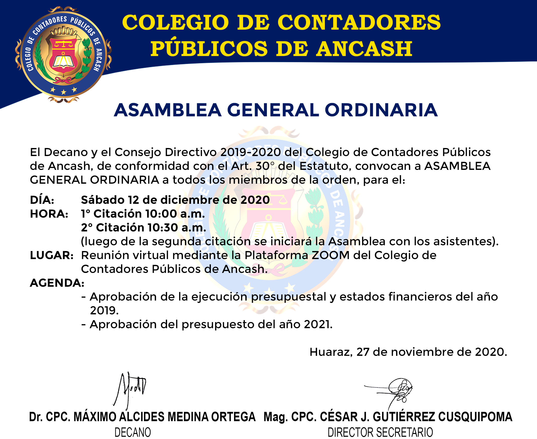 ASAMBLEA GENERAL ORDINARIA 12 DE DICIEMBRE DE 2020